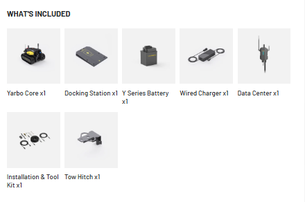Yarbo Core package contents with battery, docking station, installation kit, and tow hitch