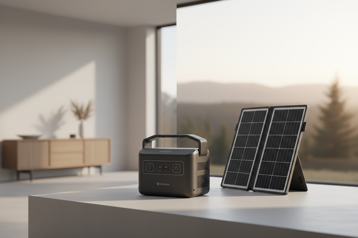 Portable power station with solar panel for home backup and outdoor power