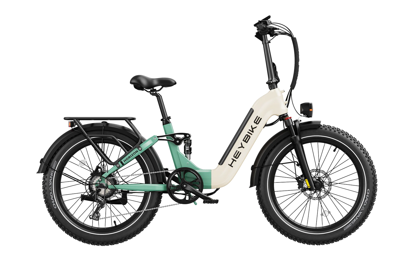 Heybike Horizon cyan and pearl folding e-bike side profile