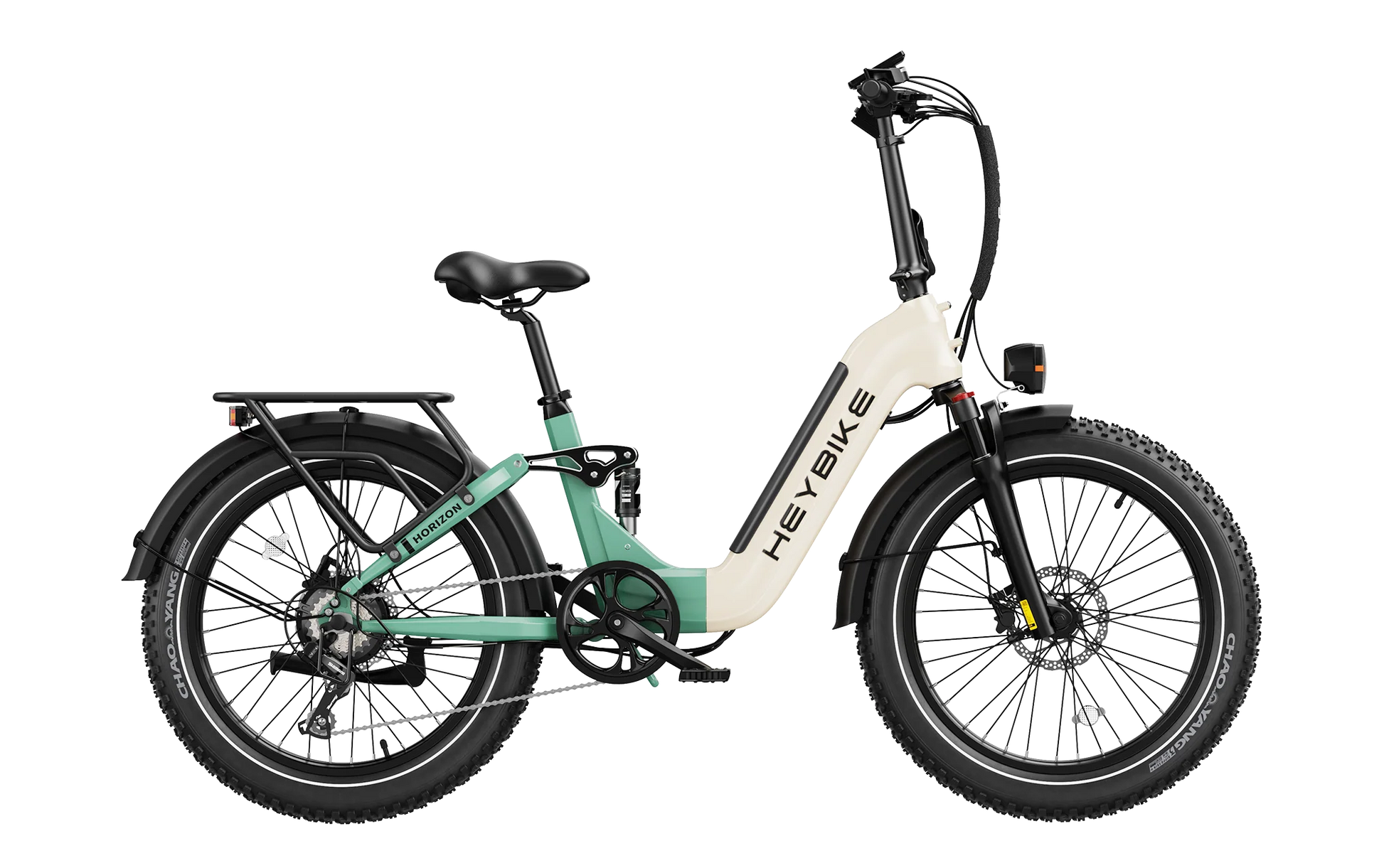 Heybike Horizon cyan and pearl folding e-bike side profile