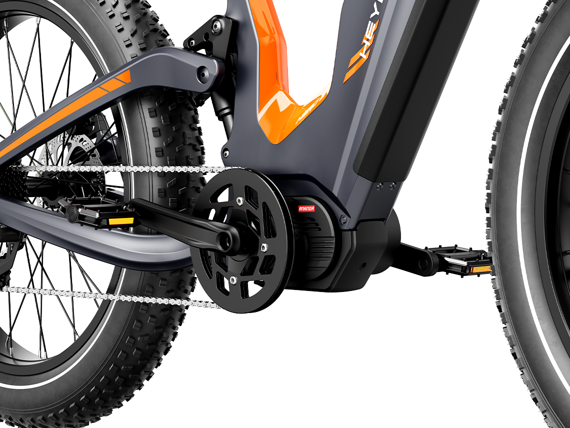 Heybike Hero drivetrain and suspension close-up