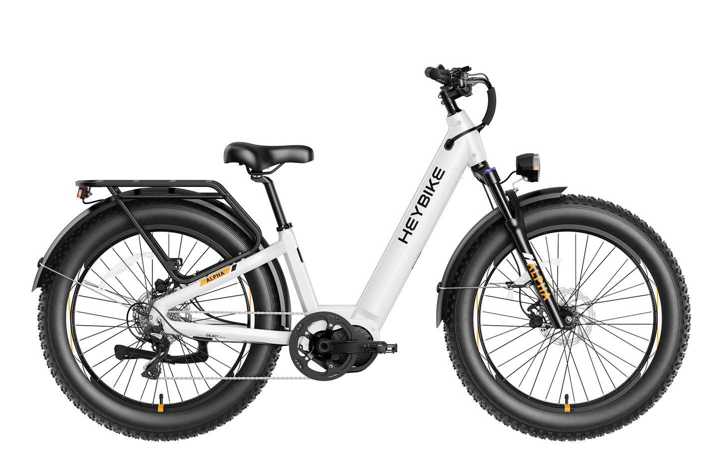 Heybike ALPHA Pearl White step-through all-terrain electric bike side profile