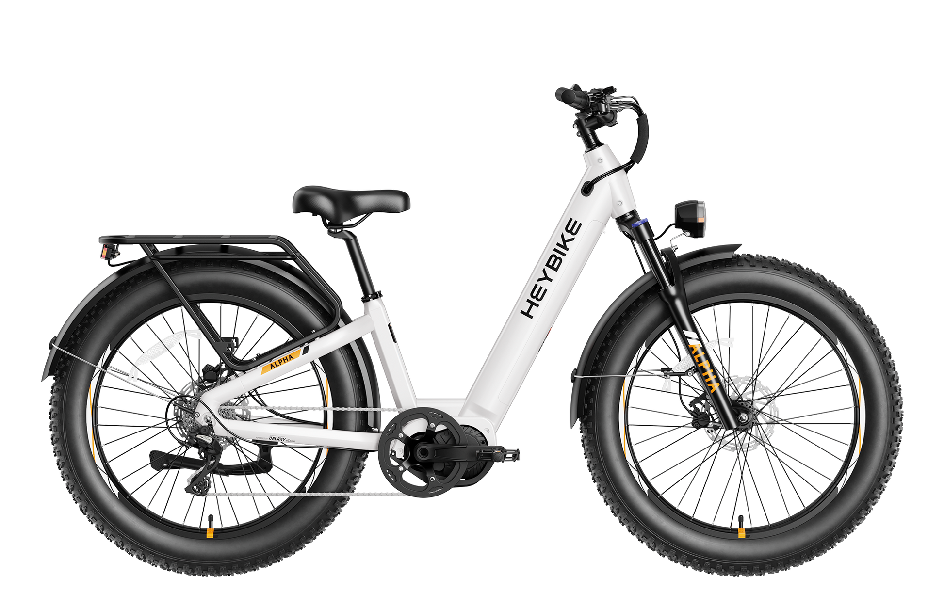 Heybike ALPHA Pearl White step-through all-terrain electric bike side profile