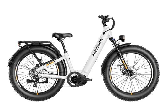 Heybike ALPHA Pearl White step-through all-terrain electric bike side profile