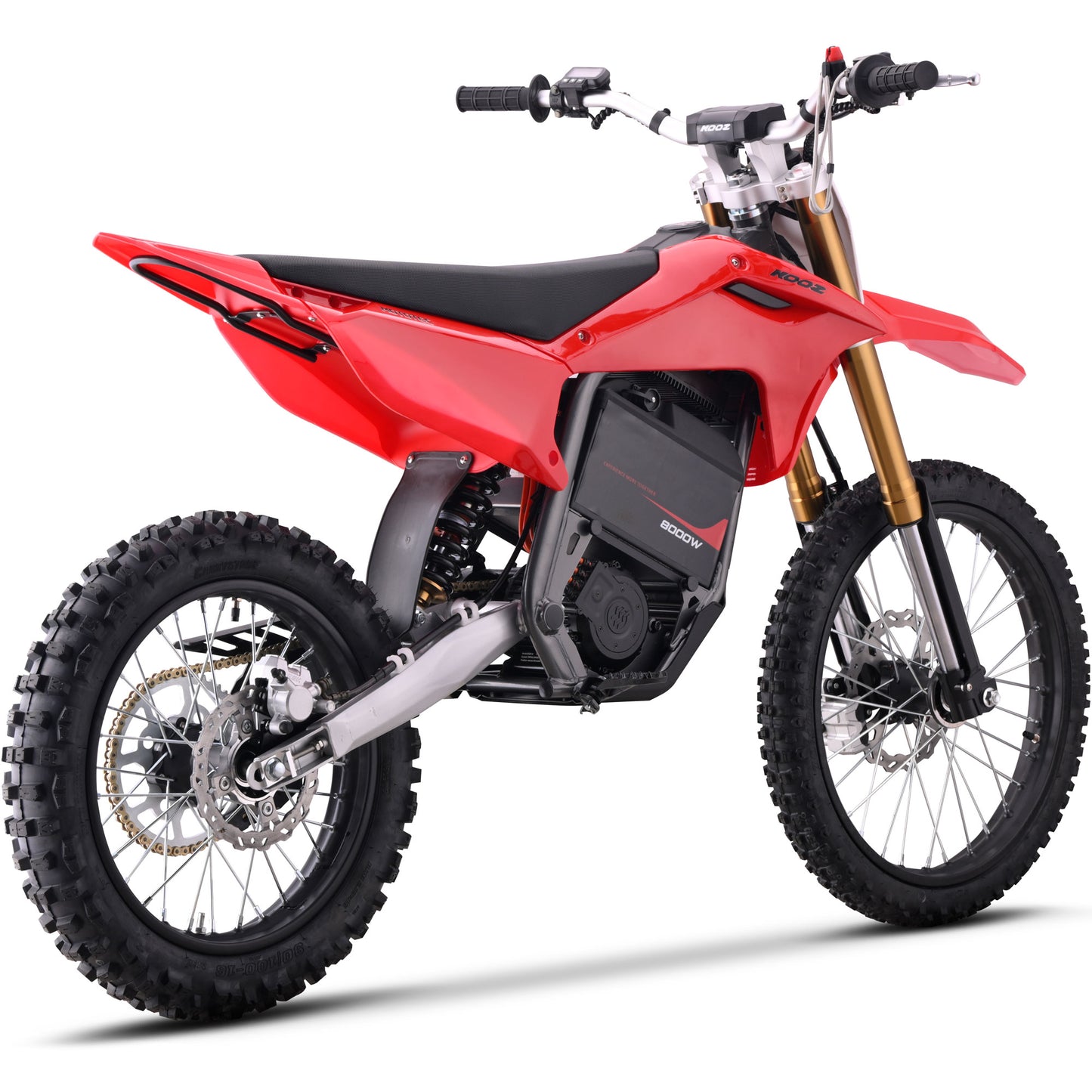 MotoTec Pro 72V 35Ah 8000W 19/16 electric dirt bike in red front angle view