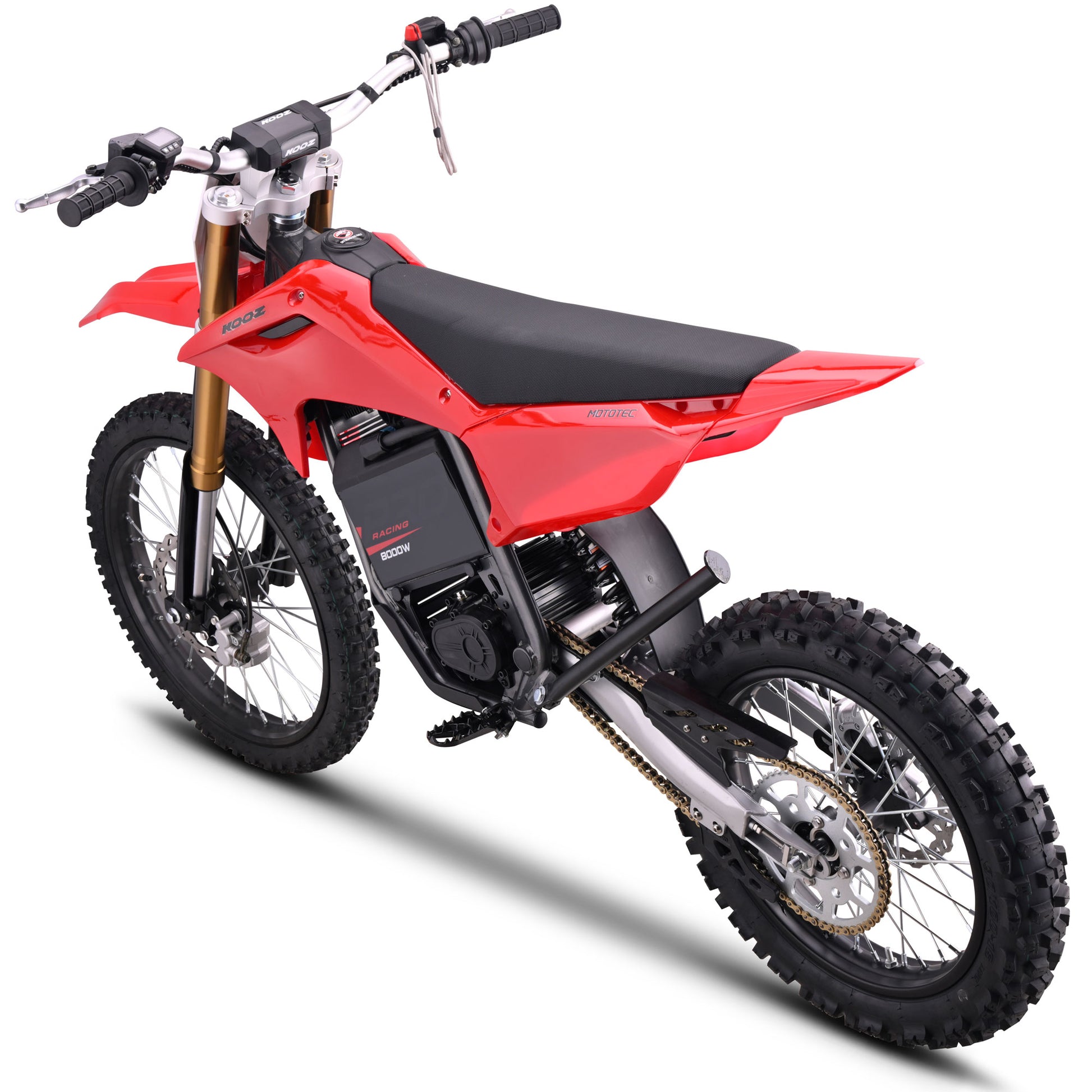 MotoTec Pro 72V 35Ah 8000W 19/16 electric dirt bike in red rear angle view