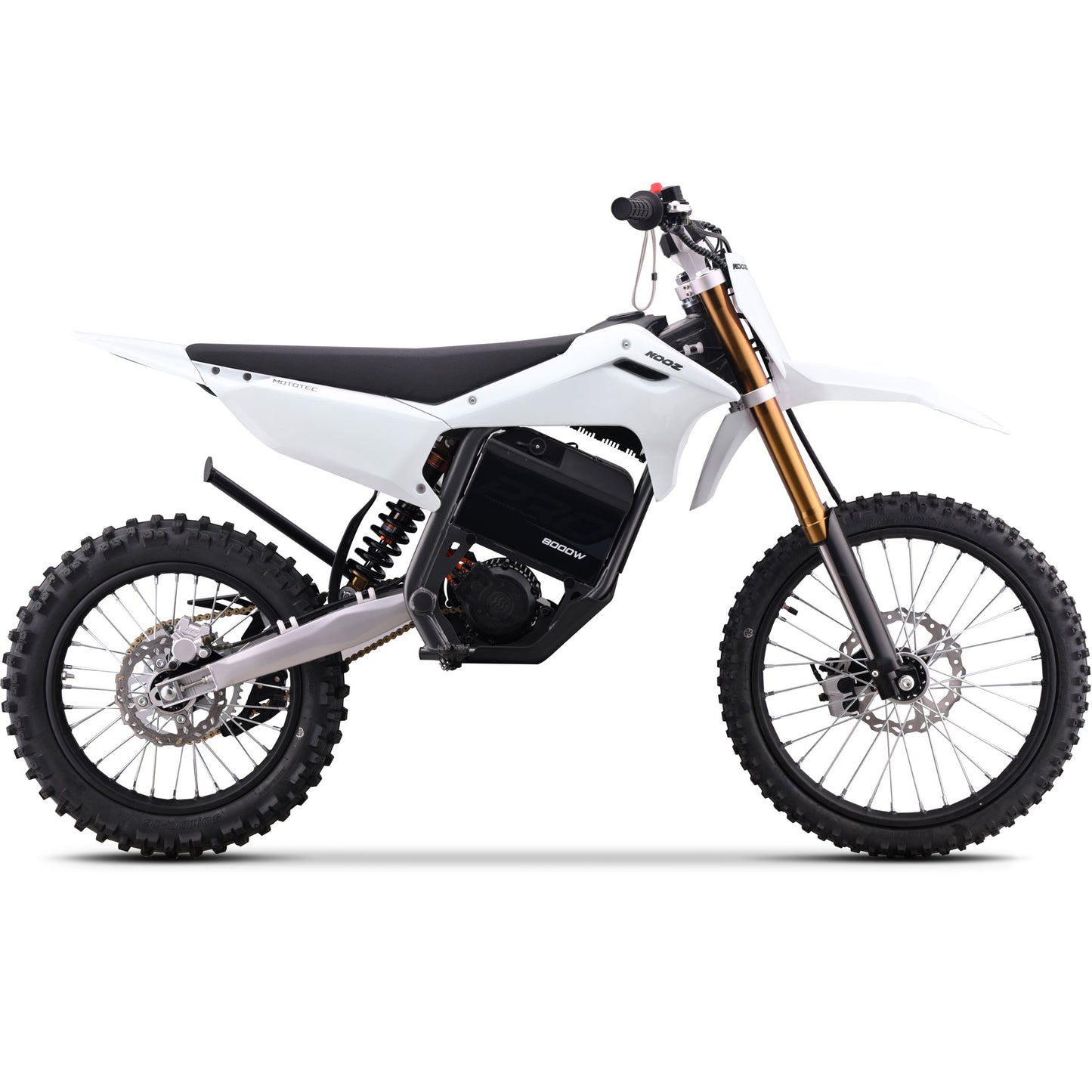 MotoTec Pro 72V 35Ah 8000W 19/16 electric dirt bike in white side view