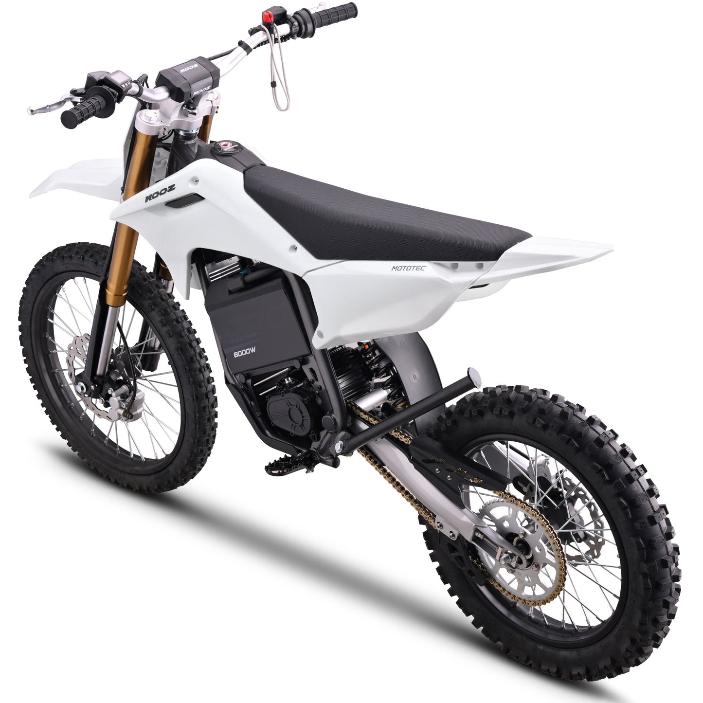 MotoTec Pro 72V 35Ah 8000W 19/16 electric dirt bike in white front angle view