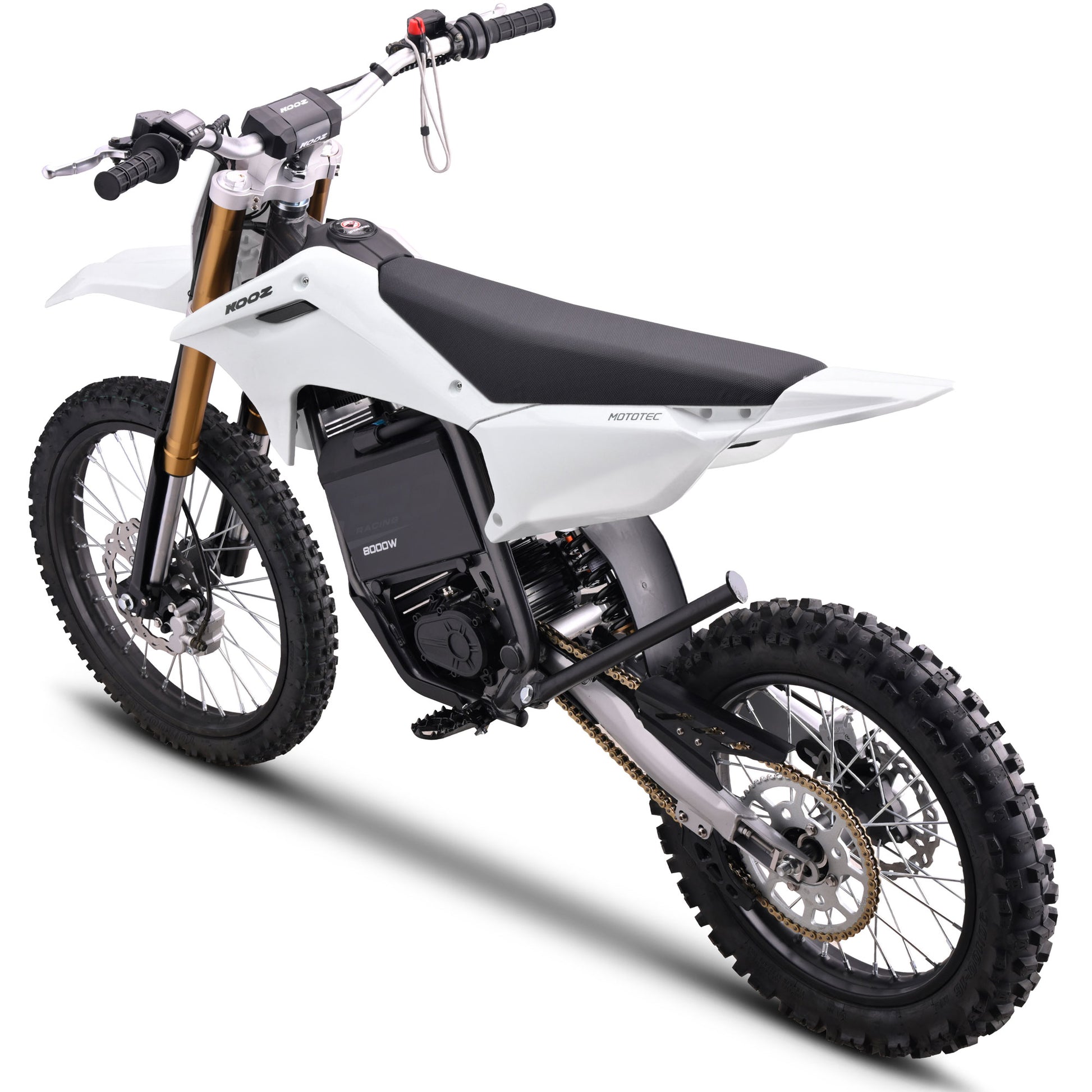 MotoTec Pro 72V 35Ah 8000W 19/16 electric dirt bike in white front angle view