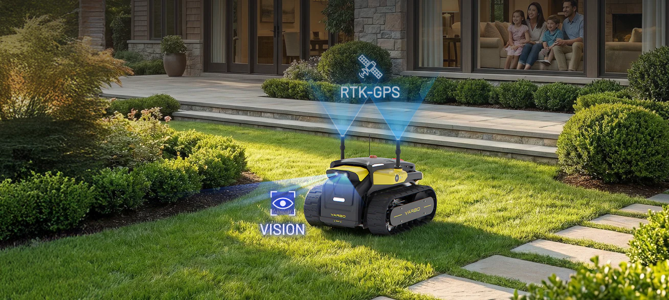 Yarbo Core navigating through a landscaped residential yard