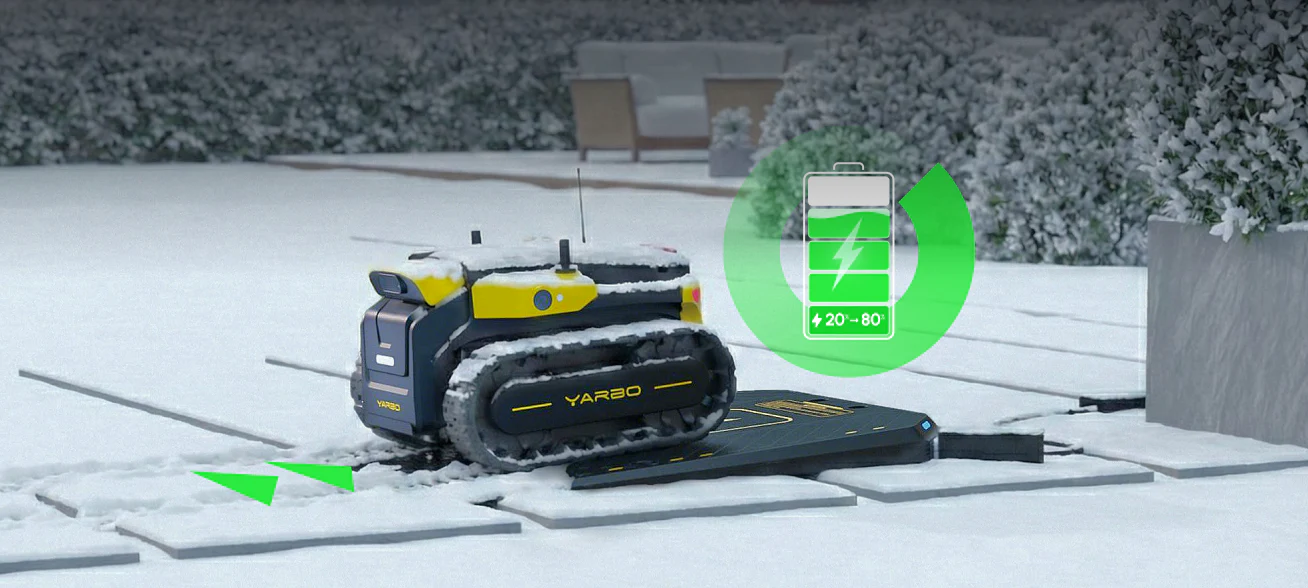 Yarbo Core returning to its charging station on a snowy surface