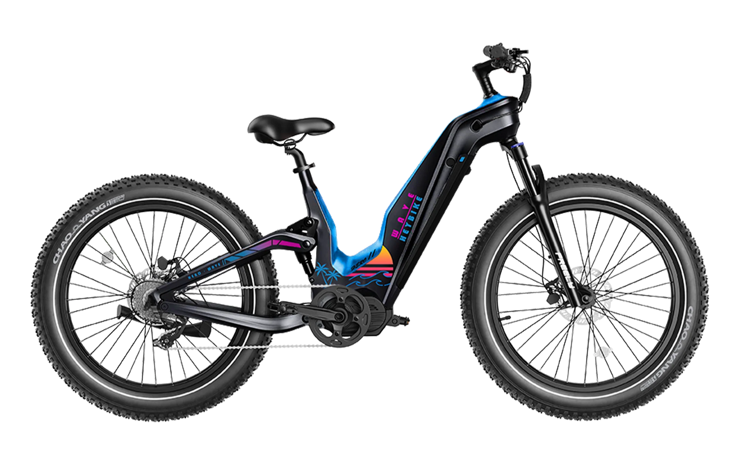 Heybike Hero blue full suspension fat tire electric bike side profile