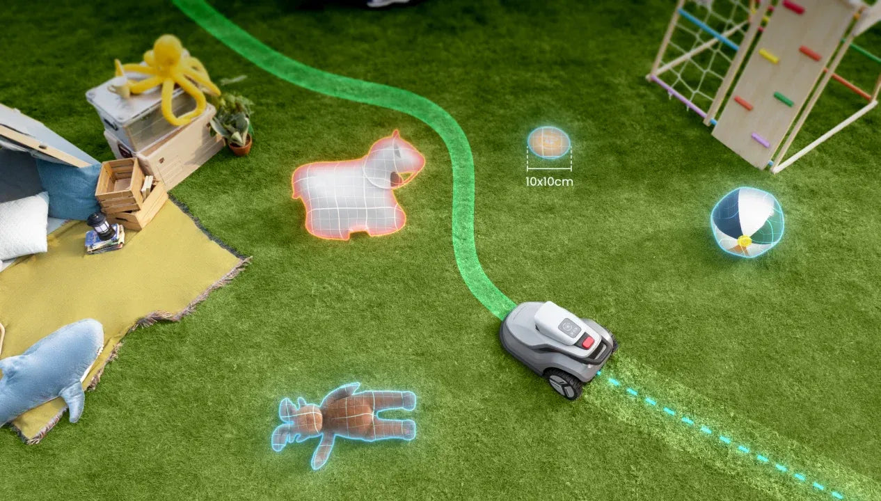 TerraMow V1000 robot lawn mower demonstrating 3D obstacle avoidance around toys and lawn objects