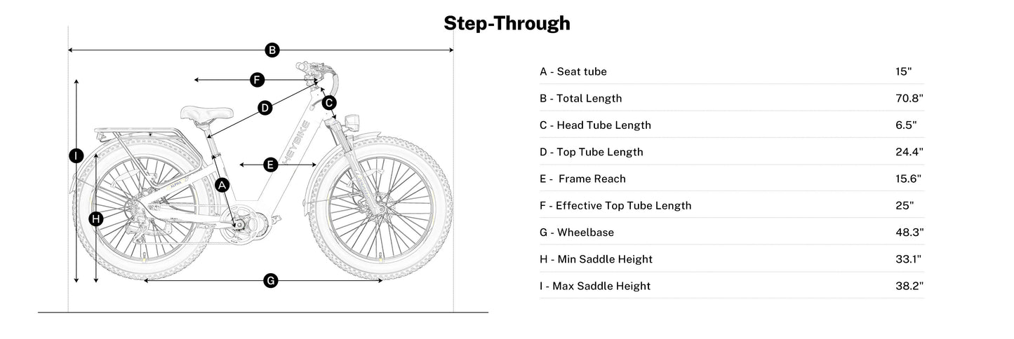Heybike ALPHA step-through frame geometry diagram