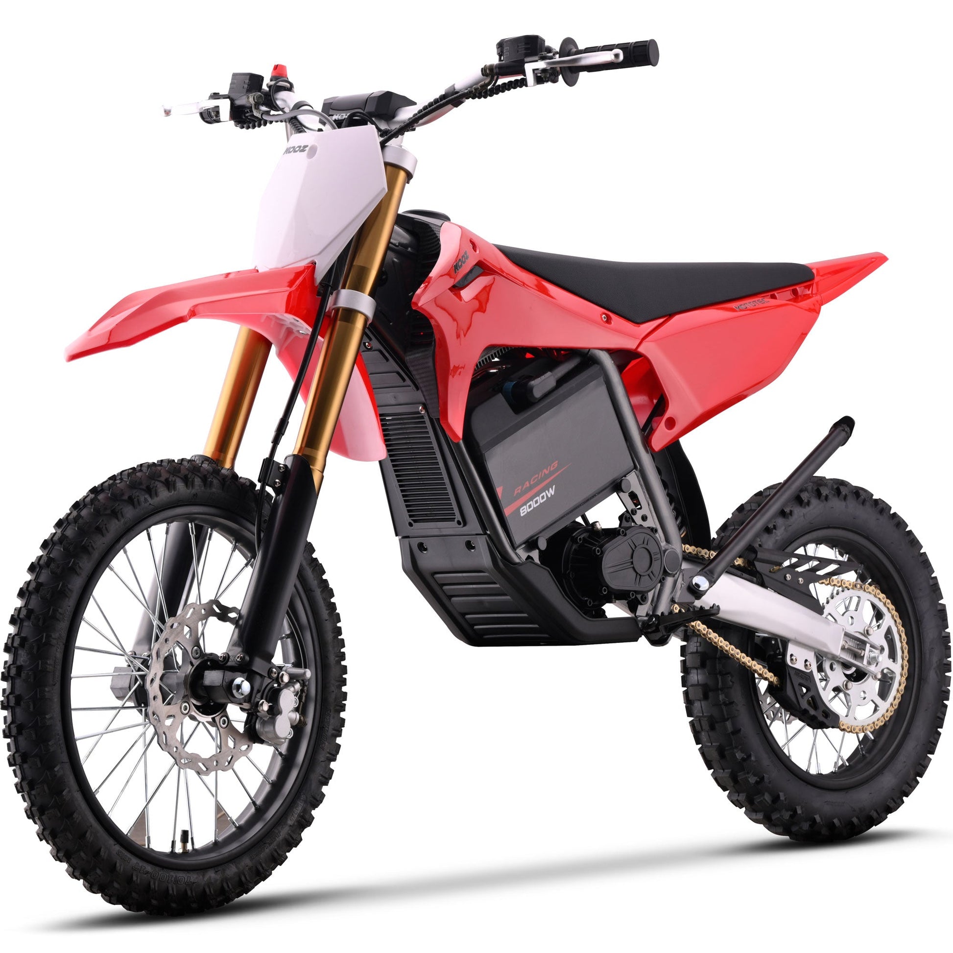 MotoTec Pro 72V 35Ah 8000W 17/14 electric dirt bike in red opposite front angle view