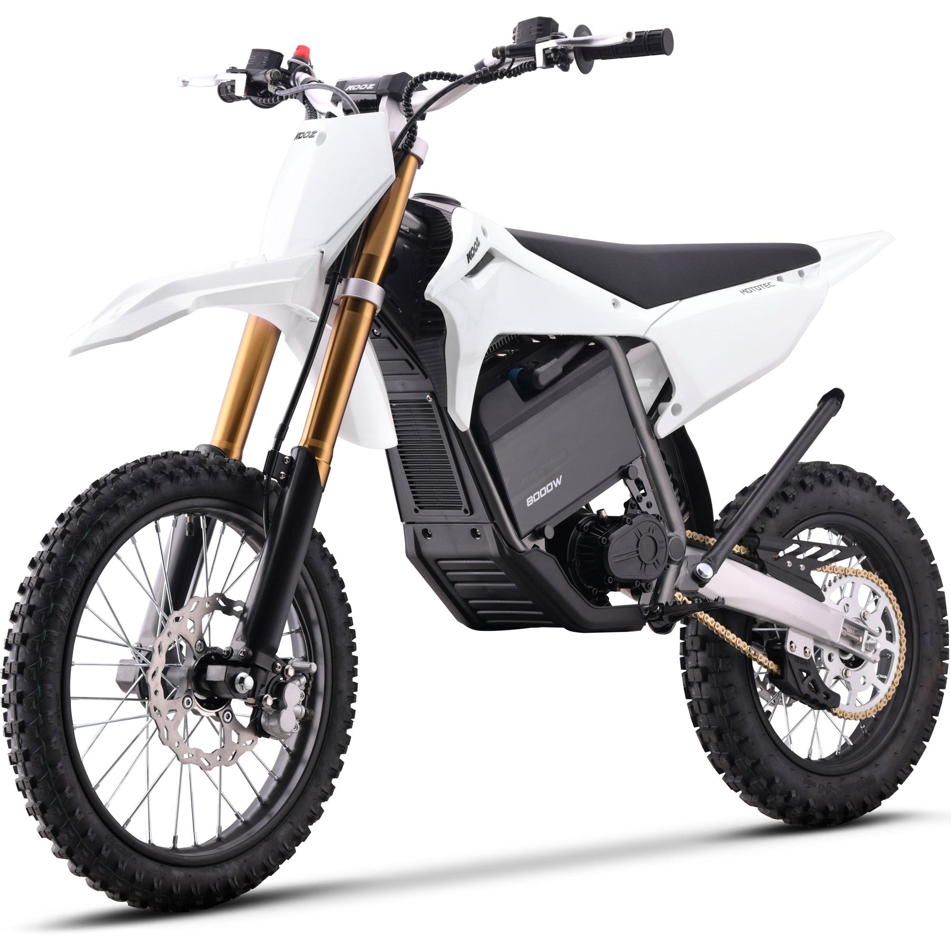 MotoTec Pro 72V 35Ah 8000W 17/14 electric dirt bike in white front angle view