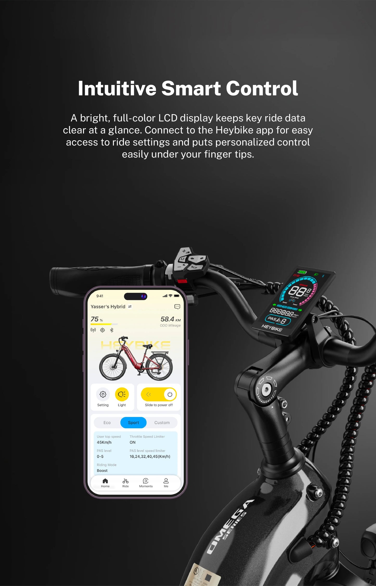 Heybike Hybrid smart app and dual sensor feature graphic