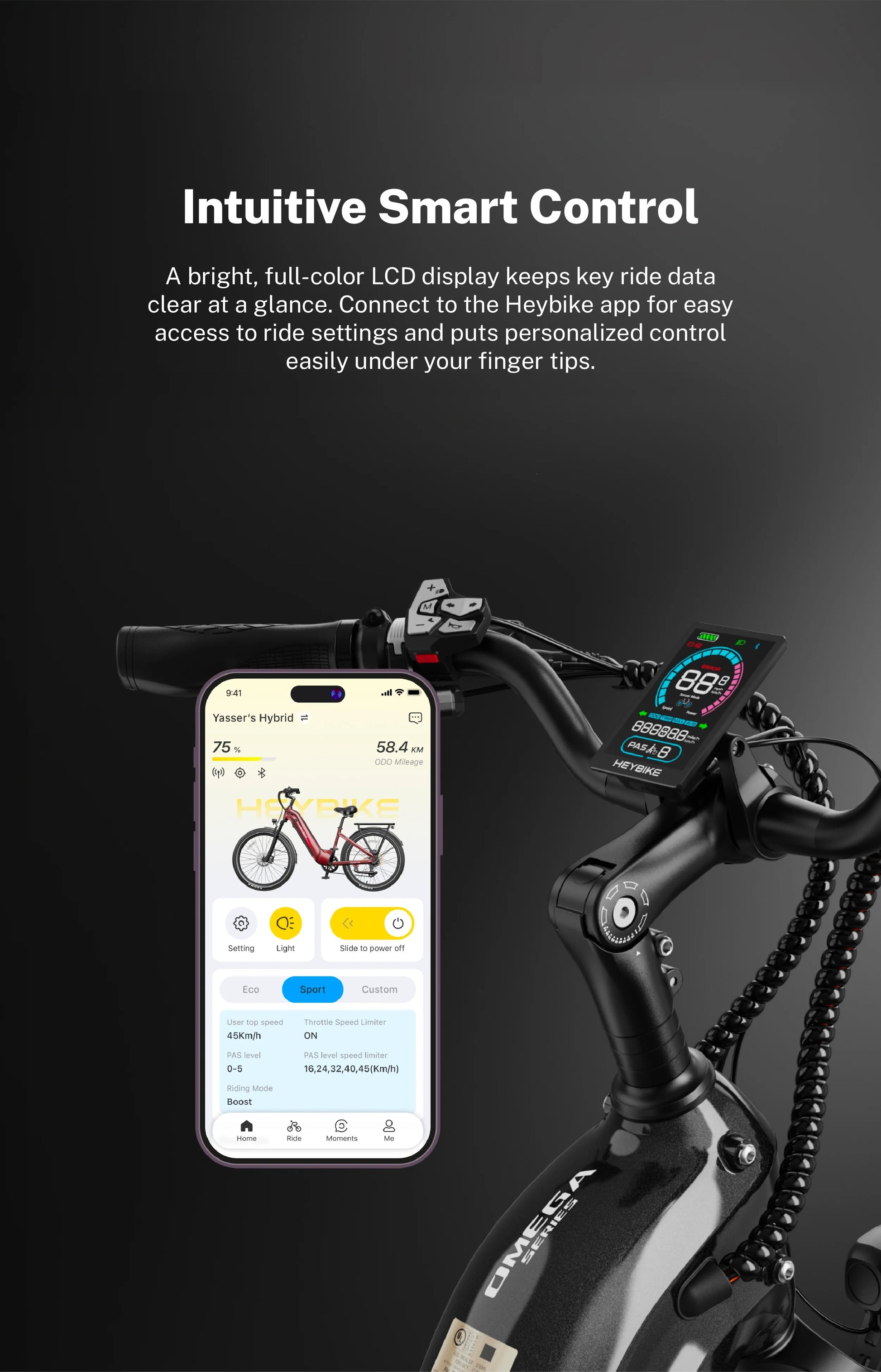 Heybike Hybrid smart app and dual sensor feature graphic