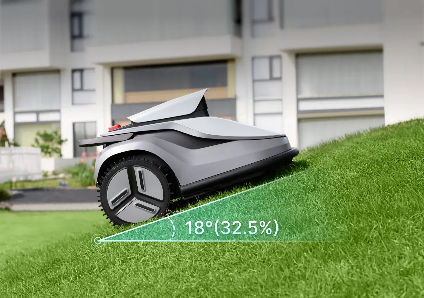 TerraMow V1000 robot lawn mower operating on an 18-degree slope
