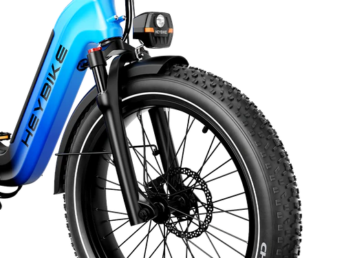 Heybike Horizon front fork and fat tire detail