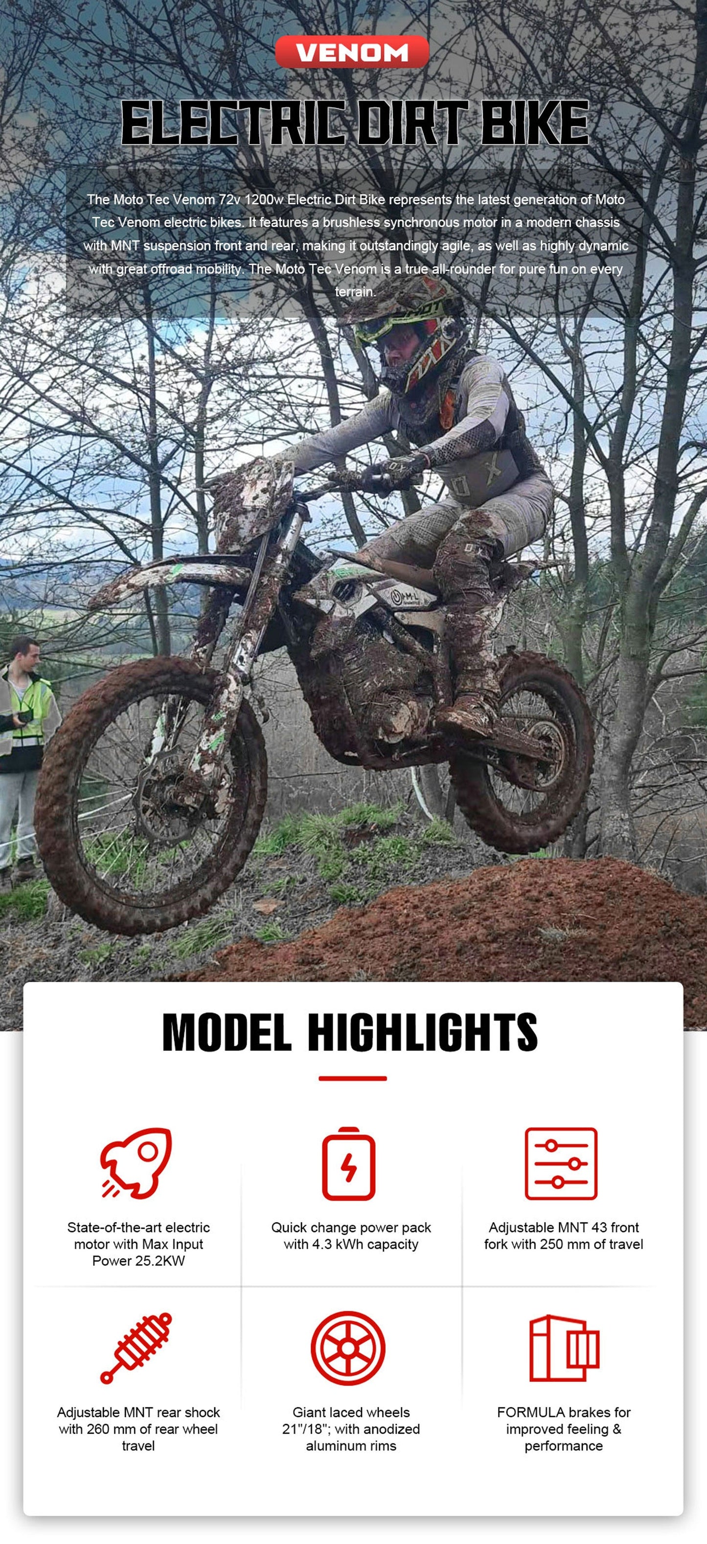 MotoTec Venom 72V 12000W Electric Dirt Bike — 77 MPH High Performance