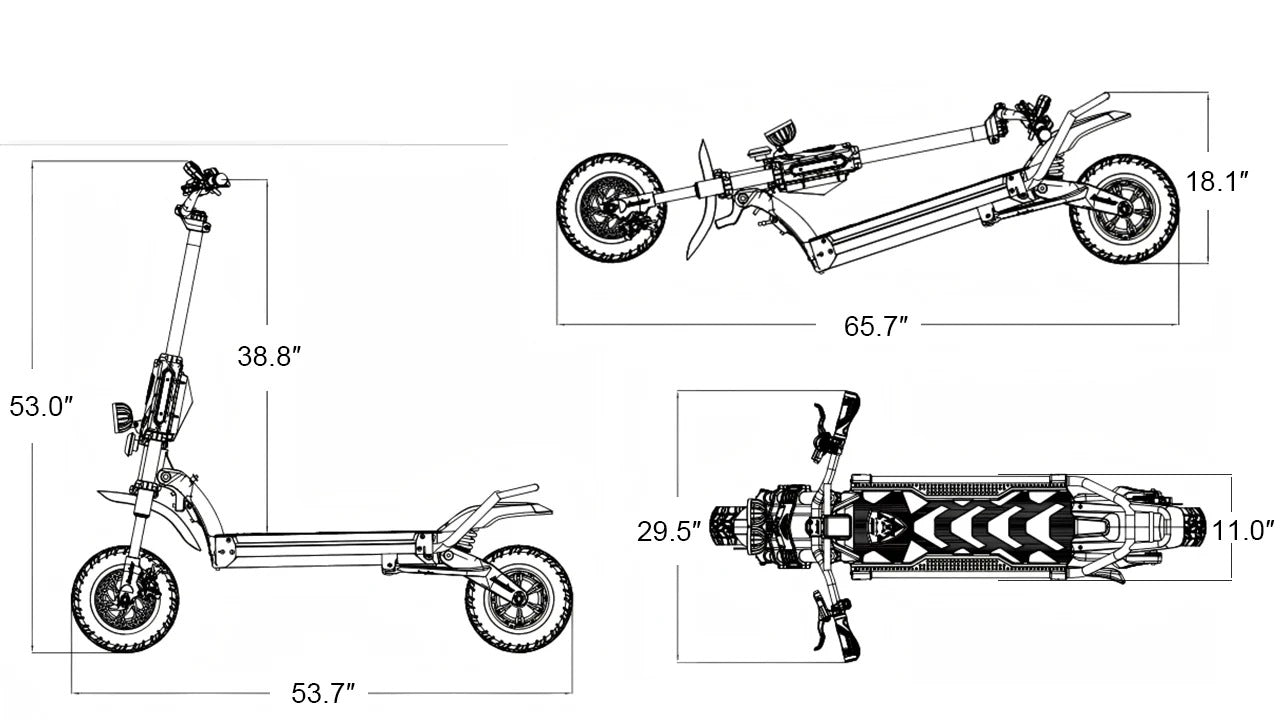 Kaabo King GTR dimension diagram showing folded and unfolded measurements