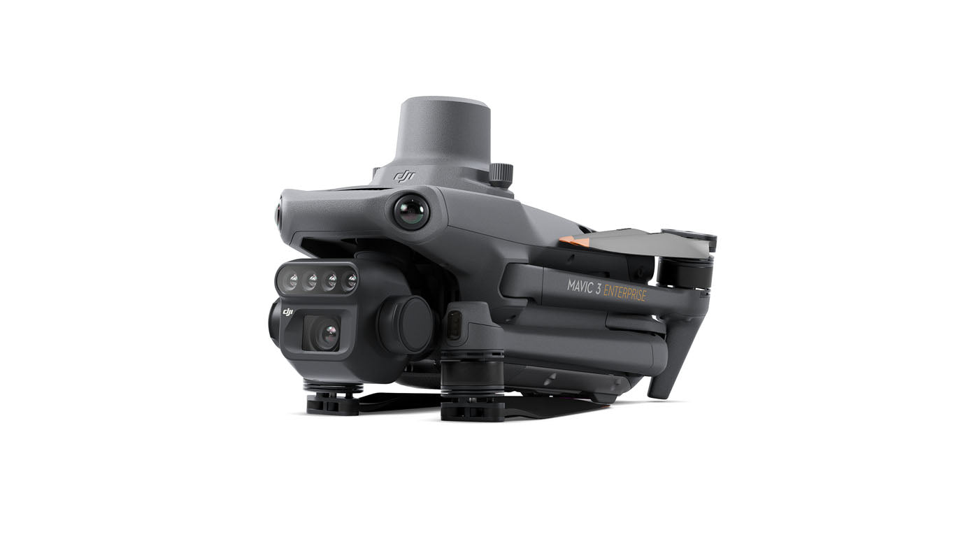 DJI Mavic 3M close-up showing the RGB and multispectral camera payload